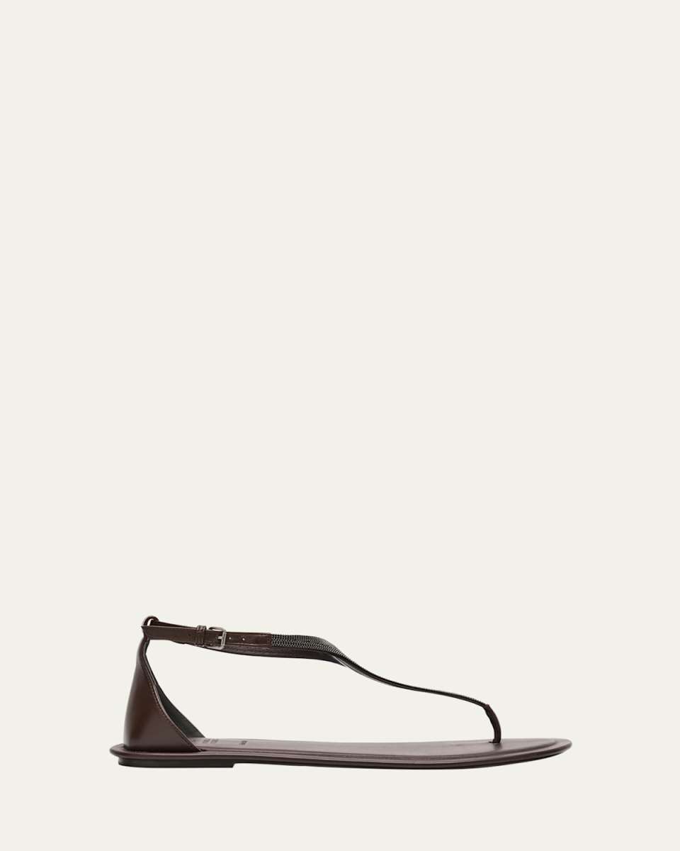 Beaded Leather T-Strap Sandals